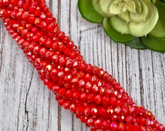 FINAL SALE *** 6mm x 4-5mm Round Faceted Tomato Red Iridescent Crystal Glass Bead 15" strand/ Rondelle//83 Beads Per Strand