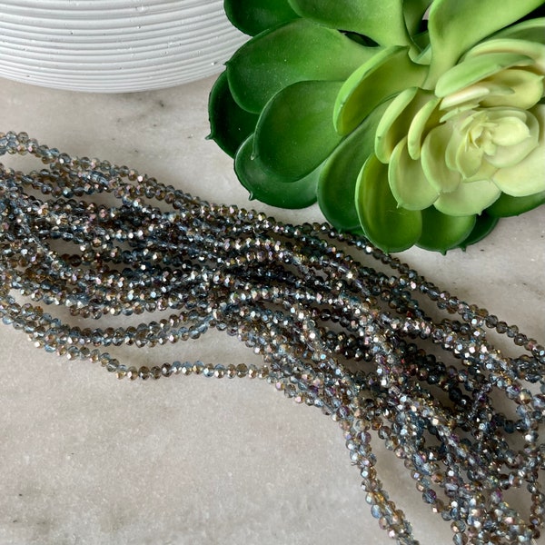 4mm 6mm Round Faceted Gray Smoke Diamond AB Iridescent Crystal Glass Bead 16.5 inch strand / Approx 125 beads / Rondelle bead /Glass Faceted