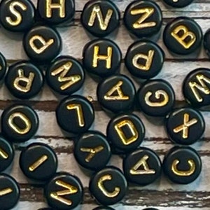 7mm Black & Gold Alphabet Letter Acrylic Bead/ Round Letter Beads/ Acrylic Alphabet Beads/ Opaque Letter Bead/ Black Gold Alphabet/ ABC Bead