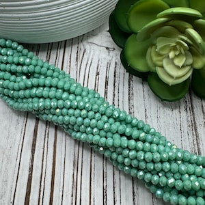 6mm x 5mm Round Faceted Iridescent Mint Light Green #2 Crystal Glass Bead 16 inch strand / 85 beads / Rondelle bead /Glass Faceted