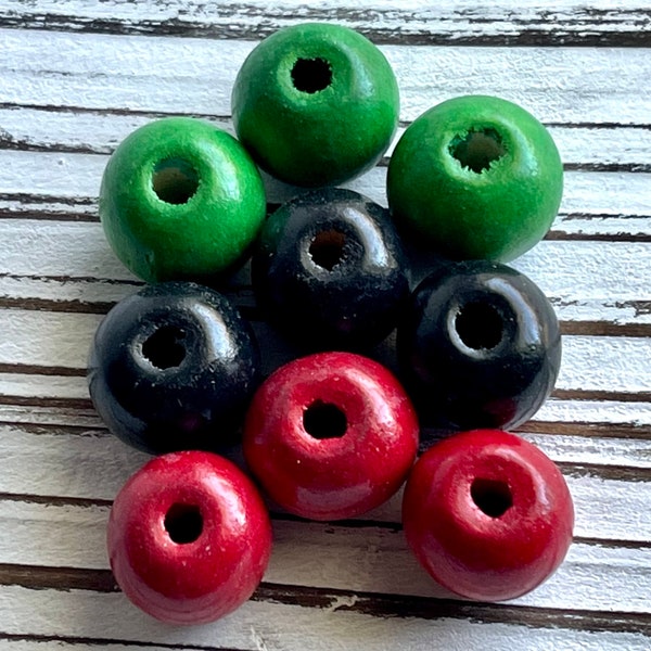 16 x 14.5mm TEN (10) Red Black Green Natural Wood Christmas Bead Garland /Farmhouse Beads /Boho Beads /Painted Holiday Bead / Macramé Bead