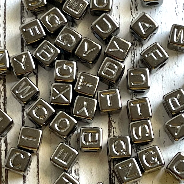 7mm Dark Silver Gun Metal Cube Alphabet Letter Plastic Bead/ Cube Letter Beads/ Plastic Alphabet Beads/ Metallic Letter/Silver Alphabet/ ABC