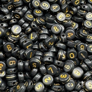 7mm Black & Gold Number Acrylic Bead/ Round Letter Beads/ Acrylic Alphabet Beads/ Opaque Letter Bead/ Black Gold Alphabet/ ABC Bead