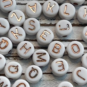 7mm White & Rose Gold Alphabet Letter Acrylic Bead/ Round Letter Beads/ Acrylic Alphabet Beads/ Opaque Letter Bead/ White Alphabet/ ABC Bead