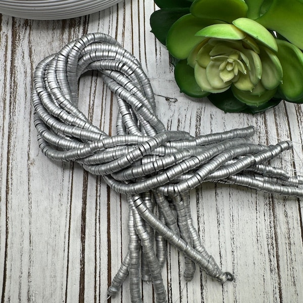 6mm Pearl Metallic Silver Heishi 15.5 inch strand / African disk / soft polymer clay / vinyl bead / wholesale /325-350 beads