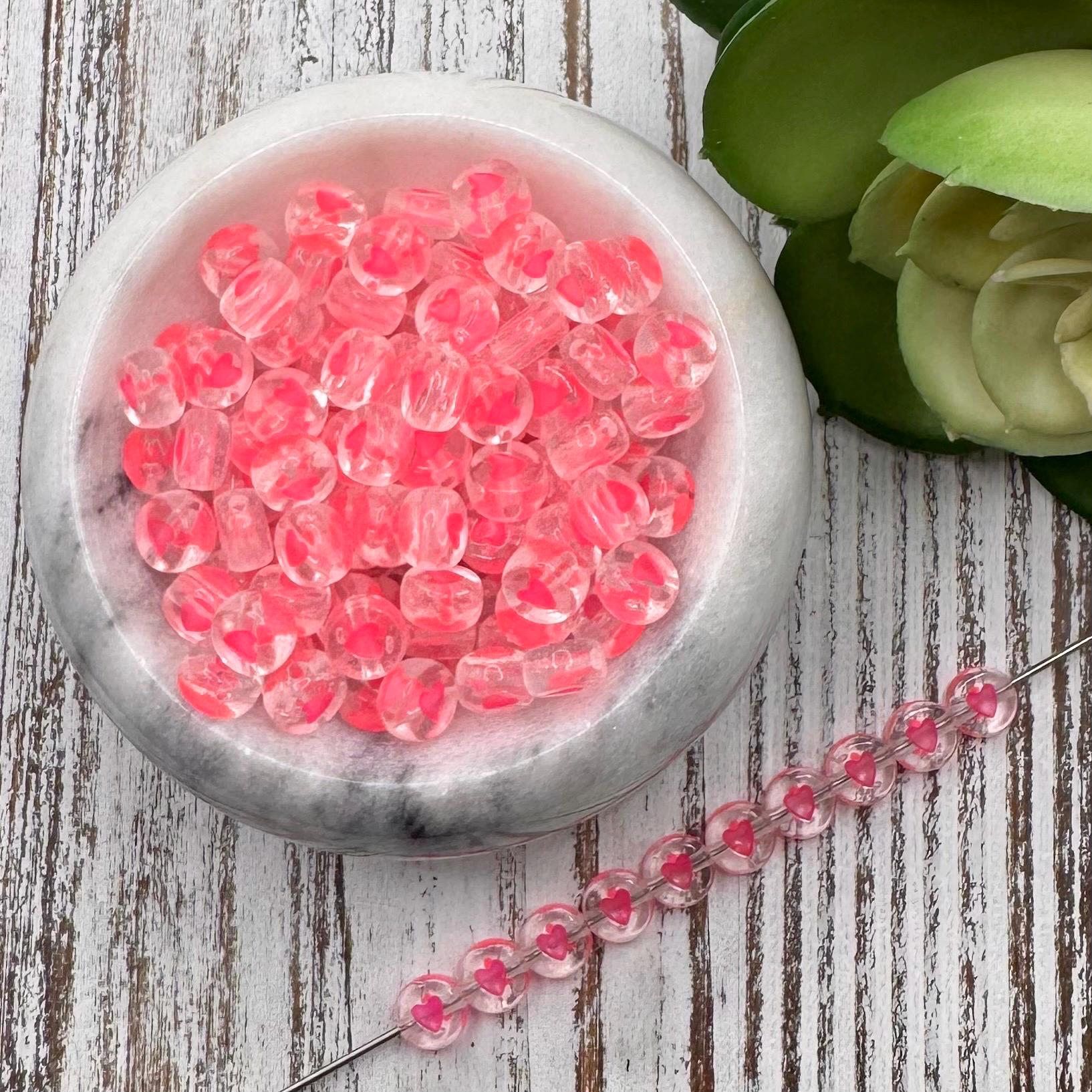 NEW*** 7mm Clear Pink Heart Letter Acrylic Bead/ Round Heart Beads/ Acrylic Heart Beads/ ABC Accent Bead/ Clear Heart/ Pink Heart Bead