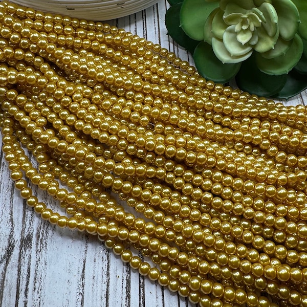 6mm Gold Pearl Opaque Glass Bead 31 inch strand / Approx 140 beads/ Bubblegum beads