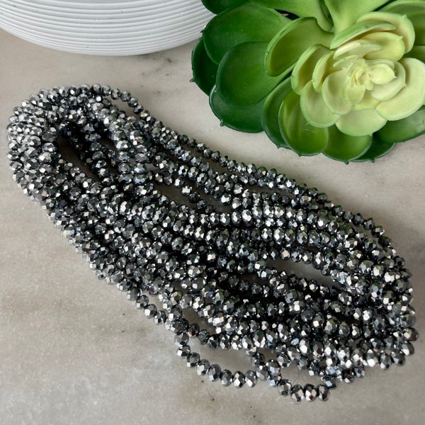 6mm x 5mm Round Faceted Silver Platinum Crystal Glass Bead 17 inch strand / Approx 87 beads / Rondelle bead /Glass Faceted