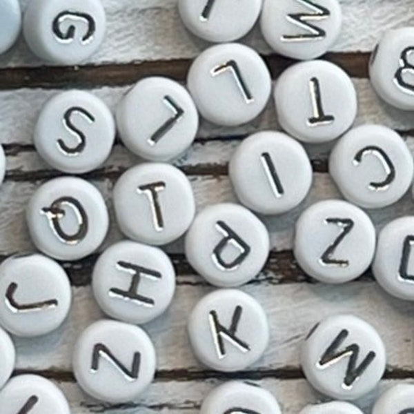 7mm White & Silver Alphabet Letter Acrylic Bead/ Round Letter Beads/ Acrylic Alphabet Beads/ Opaque Letter Bead/ White Alphabet/ ABC Bead