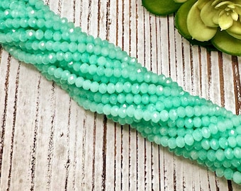 FINAL SALE *** 6mm x 5mm Round Faceted Light Pastel Green Painted Crystal Glass Bead 16.5 " strand / 85 beads / Rondelle bead /Glass Faceted