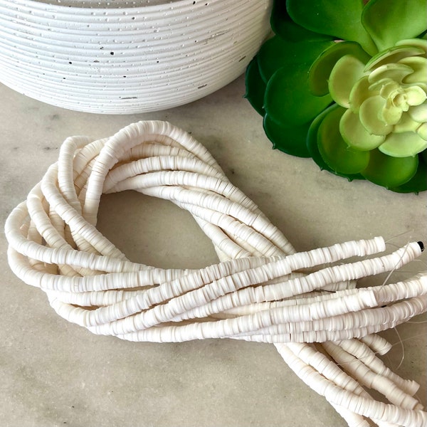 6mm White Linen Heishi 15.5 inch strand / African disk / soft polymer clay / vinyl bead / wholesale / 325-350 beads