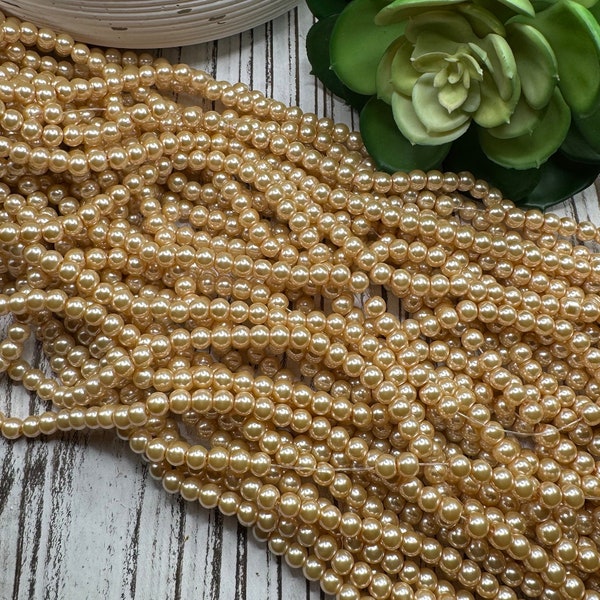 6mm Champagne Light Gold Pearl Opaque Glass Bead 31 inch strand / Approx 140 beads/ Bubblegum beads