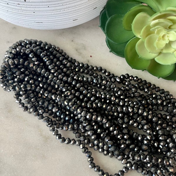 6mm x 5mm Round Faceted Electroplated Silver Gun Metal Crystal Glass Bead 17 inch strand / Approx 87 beads / Rondelle bead /Glass Faceted