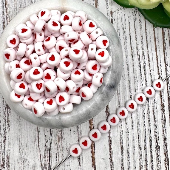 FINAL SALE *** 7mm White & Red Heart Letter Acrylic Bead/ Round