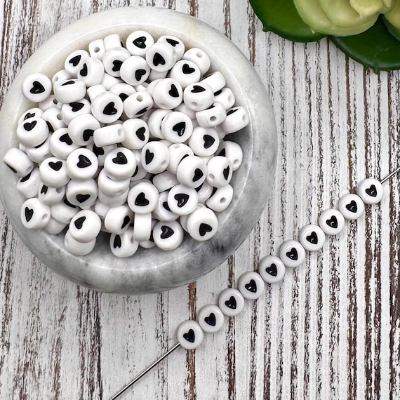 FINAL SALE *** 7mm White & Black Heart Letter Acrylic Bead/ Round