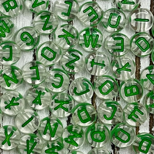 7mm Clear & Green Alphabet Letter Acrylic Bead/ Round Letter Beads/ Acrylic Alphabet Beads/ Clear Letter Bead/Green Letter /ABC Bead