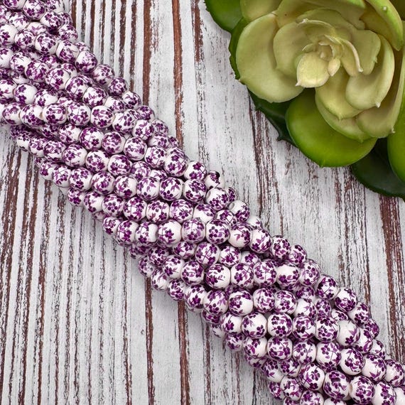 NEW*** 6mm ~ 6.5mm Purple & White Flower Porcelain Ceramic Bead/ Chinoiserie Bead / 13" Strand or Approx 60 Loose Beads