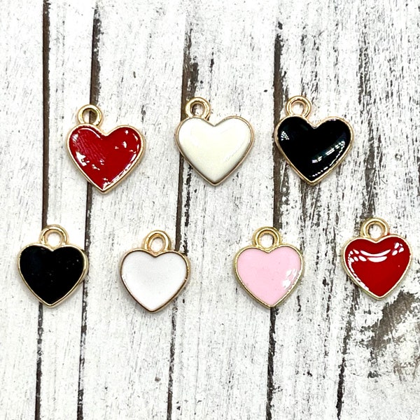 5 Red Black Pink White Heart Charms / Valentines Day Charm / Enamel Charm / Love Charm / Heart Pendant/ Zinc Metal Alloy