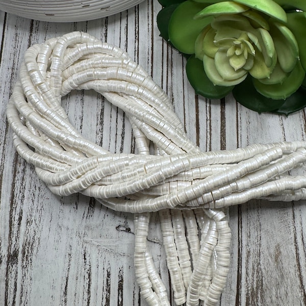 FINAL SALE*** 6mm Creamy White Metallic Pearl Heishi 15.5 inch strand / African disk / soft polymer clay / vinyl bead / 325-350 beads