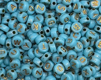 7mm Aqua Blue Turquoise Alphabet Letter Acrylic Beads/ Round Letter Beads/ Acrylic Alphabet Beads/Opaque Letter Bead/ Alphabet Bead/ABC Bead