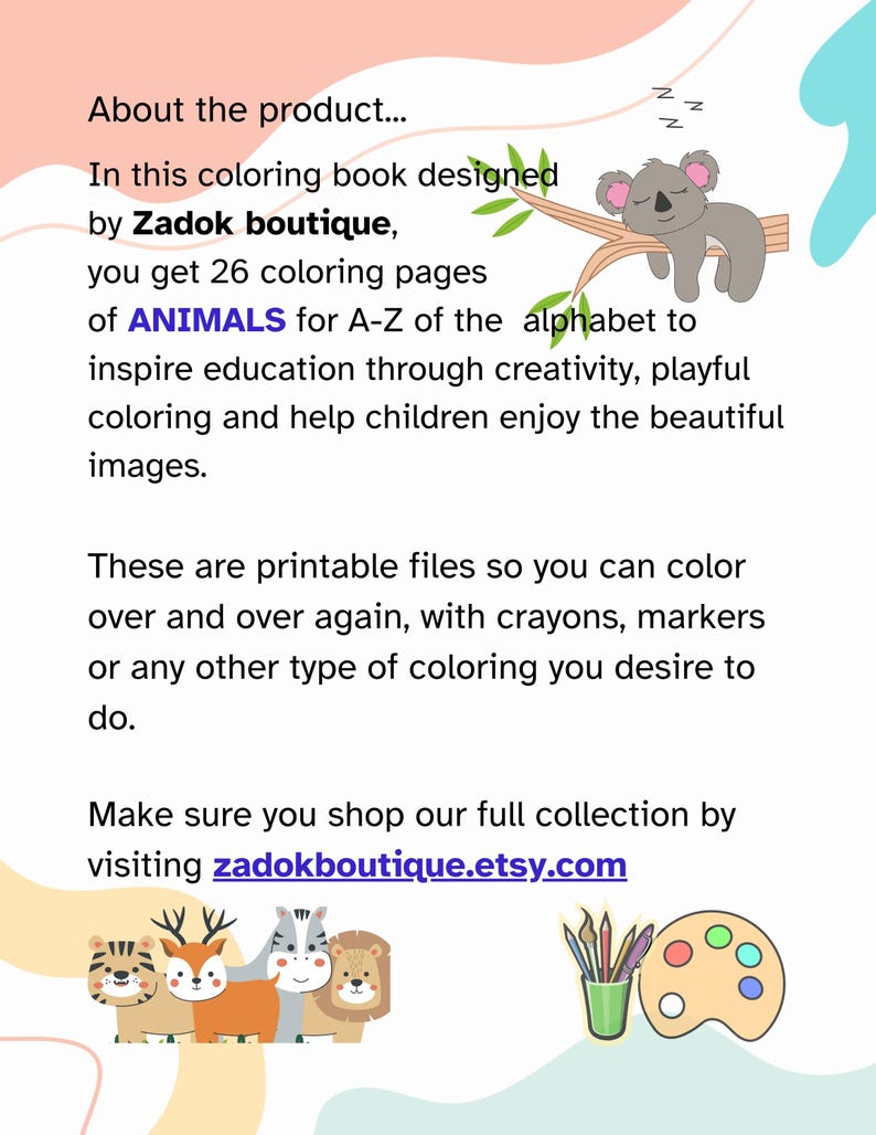 Animals A-Z Coloring Pages: Kids Alphabet, Homeschool (PDF Download) - Etsy