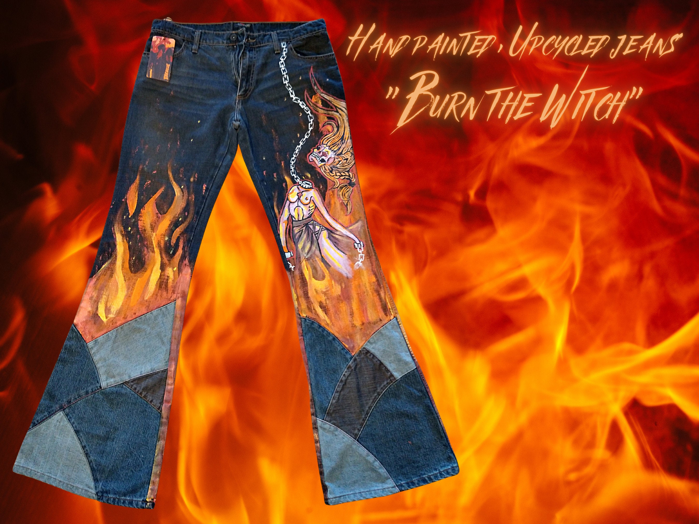 Handgeschilderde jeans Upcycled kleding voor heksen mensen Fire Pants Kleding Gender-neutrale kleding volwassenen Jeans vintage energie jeans 