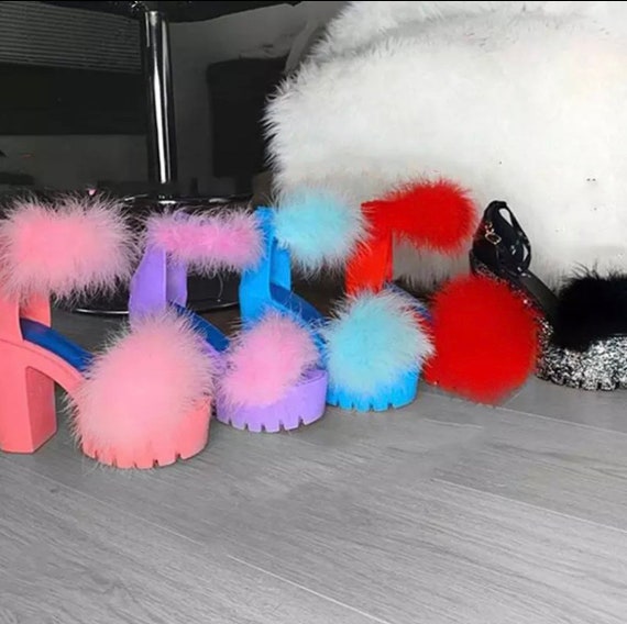 Womens Fluffy Slip on Heels | Etsy