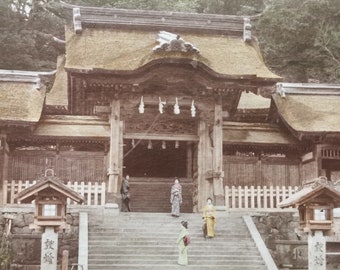 Photo d'albumine antique japonaise du XIXe siècle Temple d'Oswa / Vintage c. 1880 photo peinte à la main Japon Sanctuaire