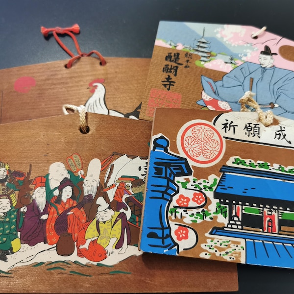 Juego de 4 placas votivas vintage Ema / Omamori, artesanía japonesa de madera, juguete popular de buena suerte
