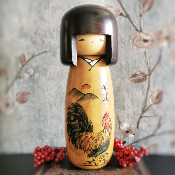 Vintage Japanese kokeshi doll "Kaiun Eto" (Good luck zodiac doll) Rooster by Okamoto Usaburo (1917-2009) / Sosaku Creative Kokeshi.