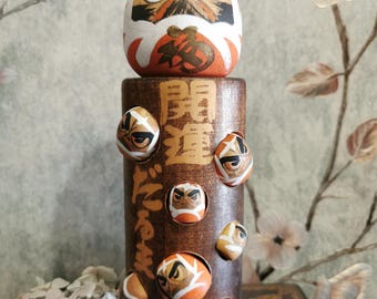 Daruma totem pole vintage kokeshi doll good luck/ Sosaku mingei art