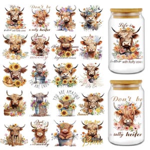 May include: A collection of Highland cow illustrations featuring floral accents and inspirational text like Life is better with fluffy cows, Don't be a salty heifer, and You are amazing, displayed on flat sheets and two glass tumblers with bamboo lids.