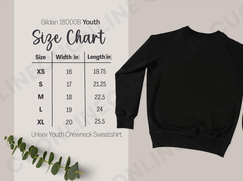 Pode incluir: Camisola preta unissexo para jovens. A tabela de tamanhos mostra medidas em cm para os tamanhos XS a XL. XS tem 40,6 cm de largura e 50,2 cm de comprimento. XL tem 50,8 cm de largura e 64,8 cm de comprimento. Marca Gildan 18000B.