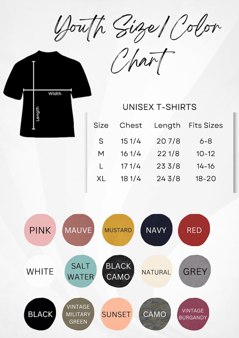 Pode incluir: Uma tabela de tamanhos e cores para camisetas unissex para jovens. A tabela inclui medidas de peito e comprimento em polegadas, juntamente com uma paleta de cores com rosa, malva, mostarda, azul marinho e mais. Tamanhos de S a XL.