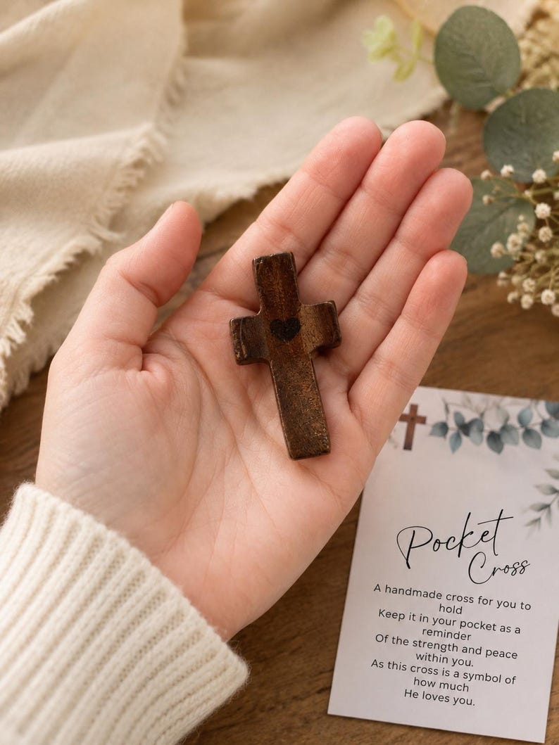May include: A small, dark brown wooden cross featuring a tiny black heart symbol at its center. The cross is accompanied by a white card with the text Pocket Cross and a poem about strength and peace, decorated with a small cross and leaf illustration.