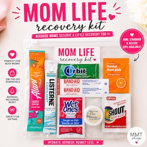 Överlevnadskit för mamma, nödvändigheter för språng, energidryckesmix, tuggummi, munskölj, bandage, våtservetter