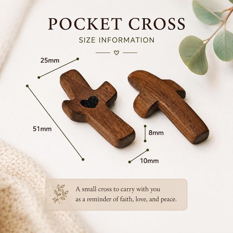 May include: Two dark brown wooden pocket crosses with smooth surfaces. One cross features a small black heart engraving. Text reads POCKET CROSS SIZE INFORMATION and A small cross to carry with you as a reminder of faith, love, and peace. Dimensions are 51mm by 25mm by 10mm by 8mm.