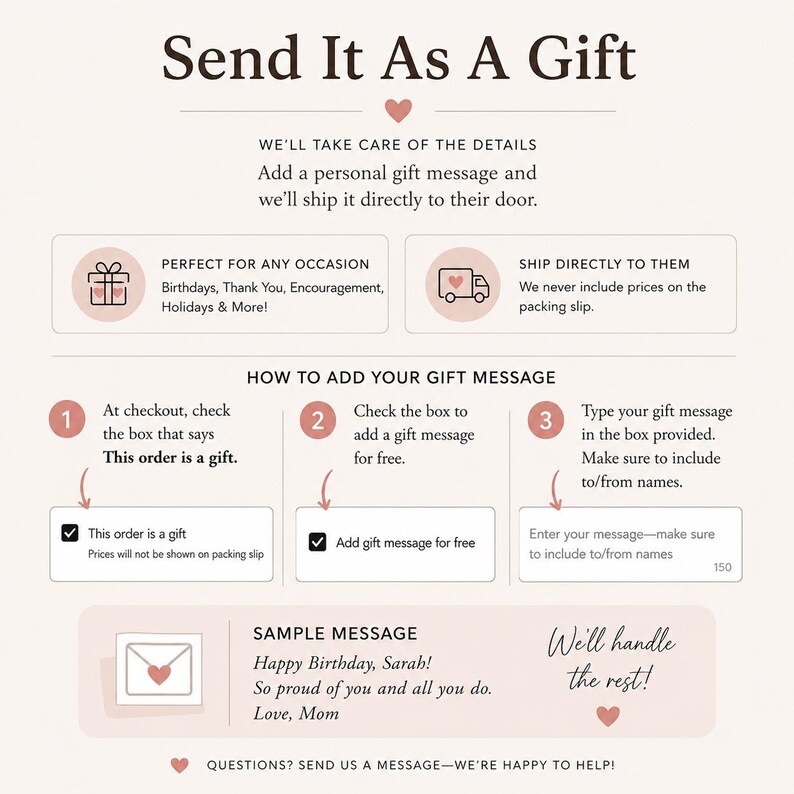 May include: An informational graphic titled Send It As A Gift with instructions on adding a gift message. It features icons of a gift box and a delivery truck, numbered steps one through three, and a sample message reading Happy Birthday, Sarah!