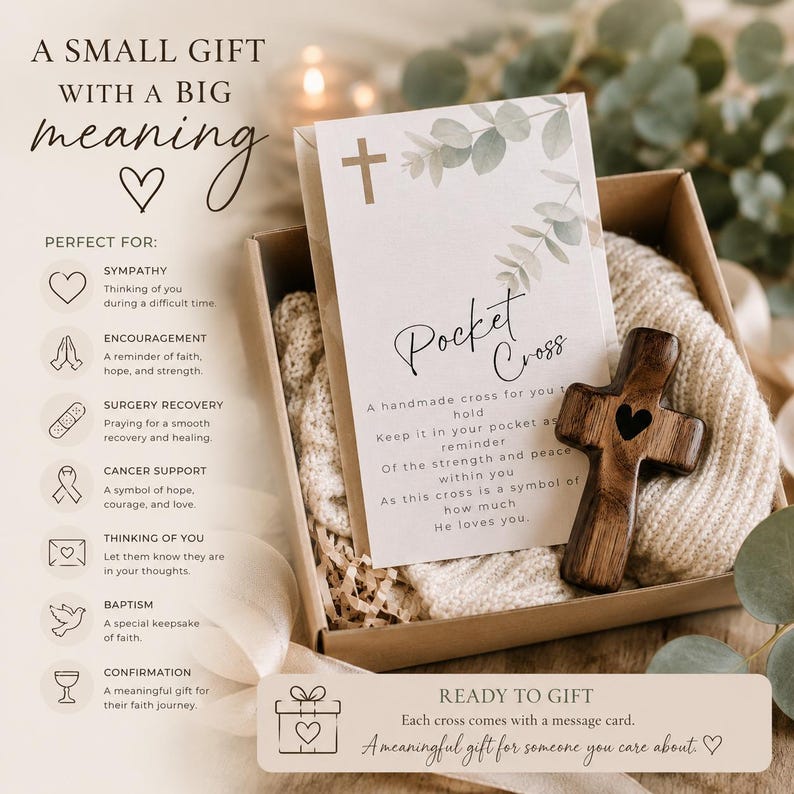 May include: A brown cardboard gift box containing a wooden cross with a small heart cutout and a white card featuring a cross icon, eucalyptus leaves, and the text Pocket Cross, along with a poem about faith, hope, and strength.