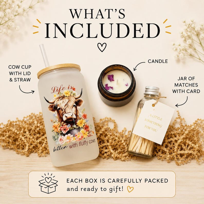 May include: A frosted glass tumbler with a bamboo lid and straw, featuring a cow and floral graphic with the text Life is better with fluffy cows. Includes a small candle in a dark jar and a glass bottle of matches with a tag reading A little something for you.