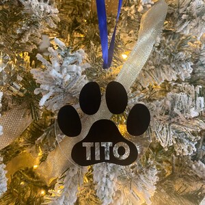 Paw print Christmas ornament or stocking name tag for fur pawrents. Present name tag