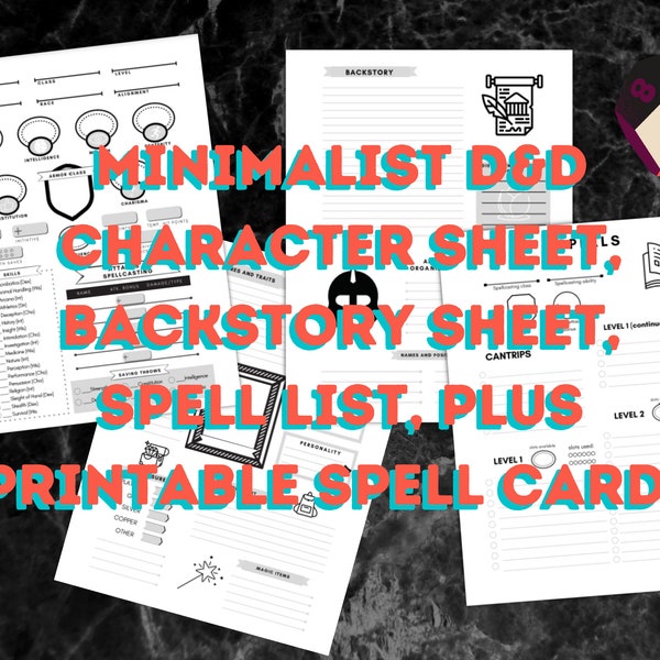 D&D Character Sheet, Spell list, and printable spell cards Minimalist style PDF digital download