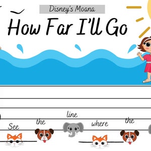 Könnte beinhalten: Ein druckbares Notenblatt mit den Worten "How Far I'll Go" aus Disneys Moana. Die Noten enthalten einen Violinschlüssel, fünf Linien und eine Reihe von Tierillustrationen.