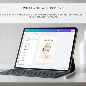 May include: A digital tablet with a keyboard displays a "BABY-Q" invitation template. The screen shows a llama graphic with BBQ elements. Above the tablet is a sign that reads "WHAT YOU WILL RECIEVE" and "A PDF FILE WITH YOUR DIRECT CANVA LINK, GIVING YOU INSTANT ACCESS TO YOUR EDITABLE TEMPLATE."