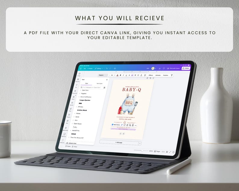 May include: A digital tablet with a keyboard displays a "BABY-Q" invitation template. The screen shows a llama graphic with BBQ elements. Above the tablet is a sign that reads "WHAT YOU WILL RECIEVE" and "A PDF FILE WITH YOUR DIRECT CANVA LINK, GIVING YOU INSTANT ACCESS TO YOUR EDITABLE TEMPLATE."
