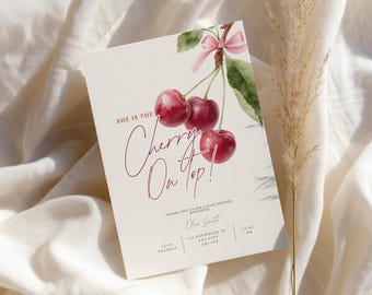 Cherry on Top Invite, Berry Baby Shower Invitation, Cherry Theme Girl Baby Shower Invite, Editable Printable Template (Digital Download)