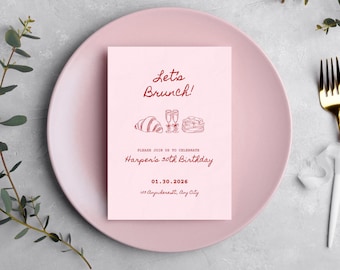 Brunch Birthday Invitation, Pink Brunch Party Invite, 30th Birthday Brunch, Printable Birthday Invite, Champagne Pancakes (Digital Download)