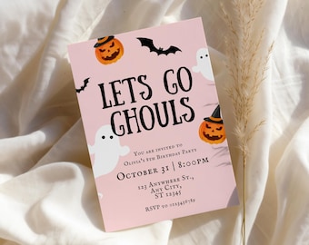 Let’s Go Ghouls Halloween Invitation, Girls Pink Halloween Birthday Invitation, Editable Ghost Birthday Invite, Spooky Cute Girls Party
