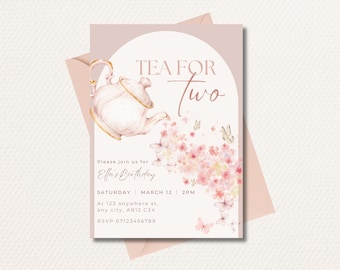 TEA FOR TWO Digital Download | Editable Birthday Party Invitation | Customisable | 2nd Birthday | Printable Invite | Tea Party | Second Bday