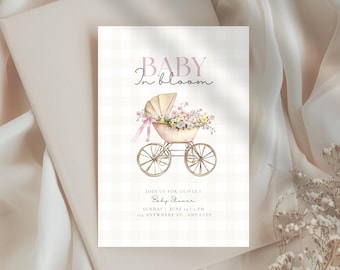 Baby in Bloom Baby Shower Invitation, Floral Girl Shower Invite, Vintage Pram Invitation, Pink Floral Baby Shower, Editable Template